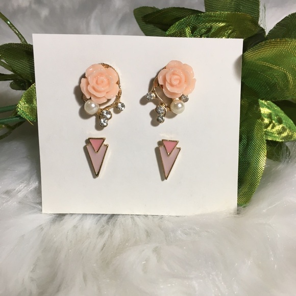Pink Roses & Dainty Triangles Retro Earring Set - Picture 3 of 6